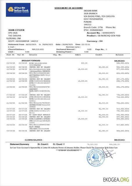 Modèle Word et PDF de relevé de compte d'une banque indienne template Modèle Word et PDF de relevé de compte d'une banque indienne template
